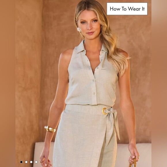 Boston Proper Sleeveless Beige Linen Button-Down Shirt Sz M - Picture 1 of 13